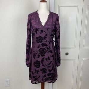 Francesca's Dress Womens S Velvet Floral Purple Wrap Long Sleeve Boho Fairy Lace
